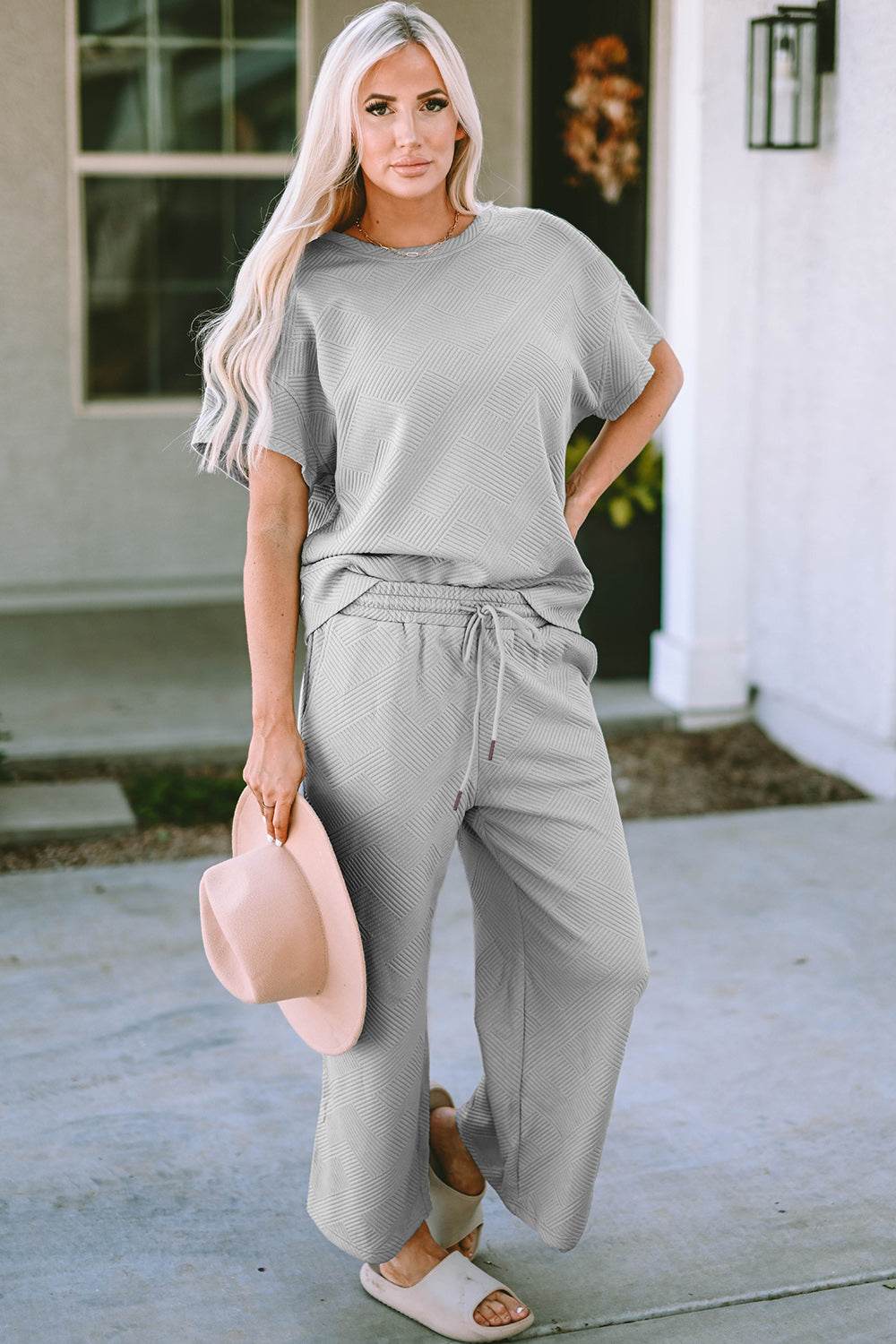 Double Take Full Size Texture Short Sleeve Top and Pants Set - Rosa Apparel