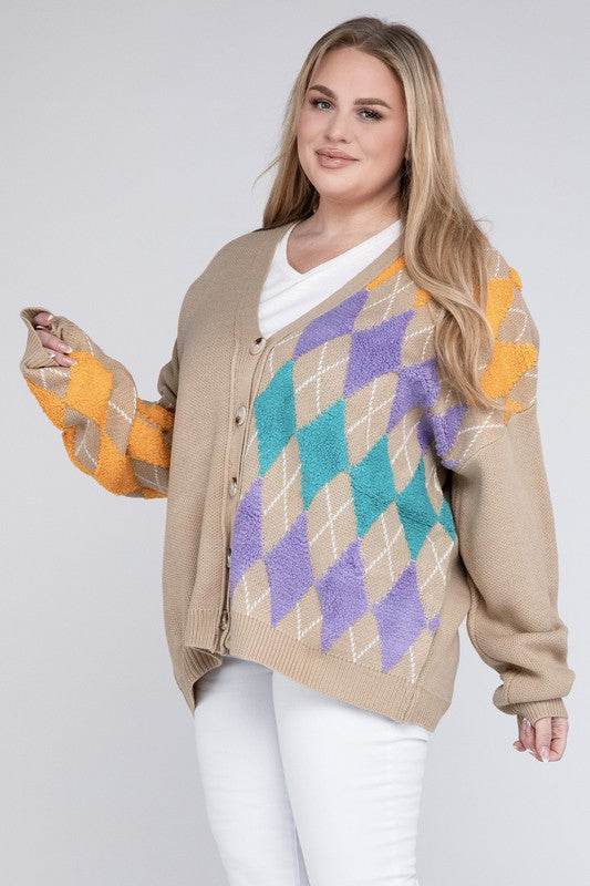 Davi & Dani Plus V-Neck Button Front Long Sleeves Cardigan - Rosa Apparel