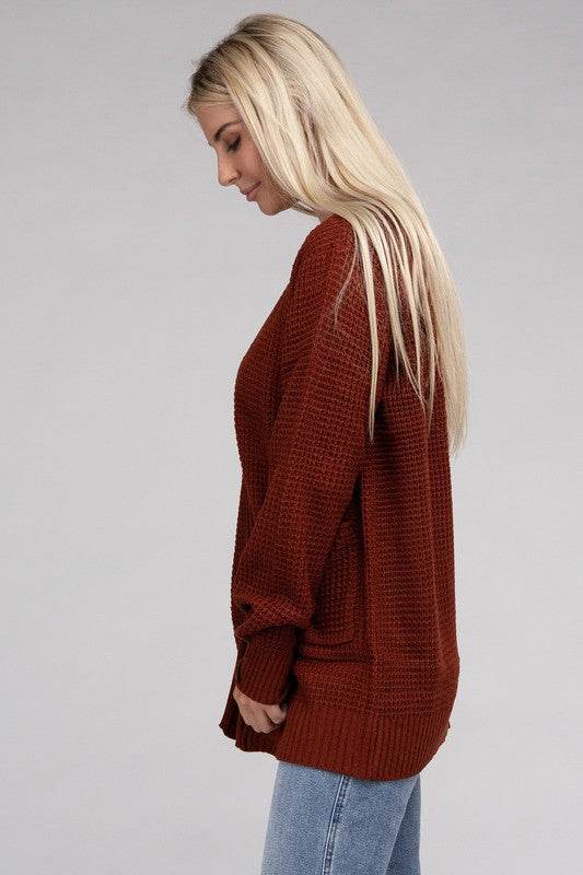 Zenana Low Gauge Waffle Open Cardigan Sweater - Rosa Apparel