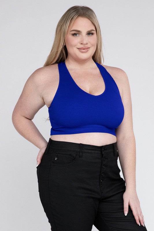 Zenana Plus Ribbed Cropped Racerback V-Neck Tank Top - Rosa Apparel