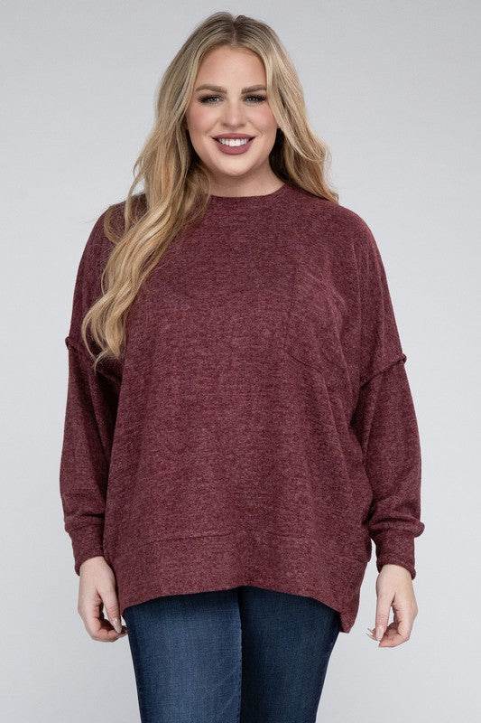 Zenana Plus Brushed Melange Drop Shoulder Sweater - Rosa Apparel