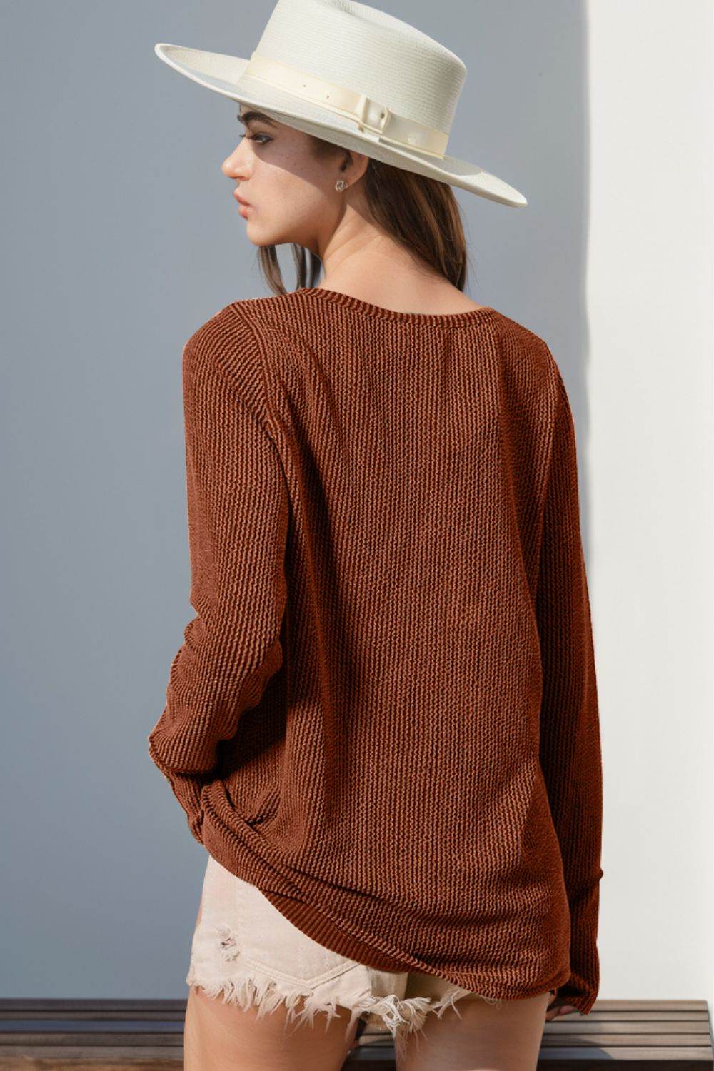 Double Take Full Size Notched Thumbhole Long Sleeve T-Shirt - Rosa Apparel