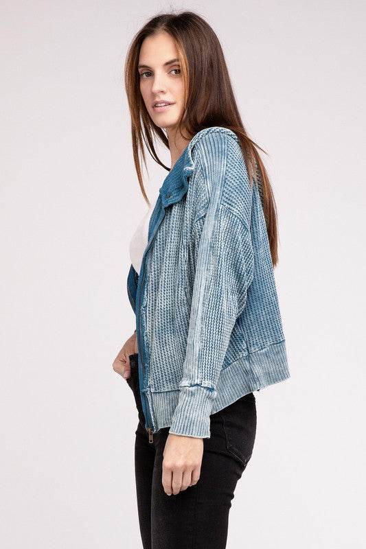 Zenana Acid Wash Cotton Waffle Hooded Zip-Up Jacket - Rosa Apparel