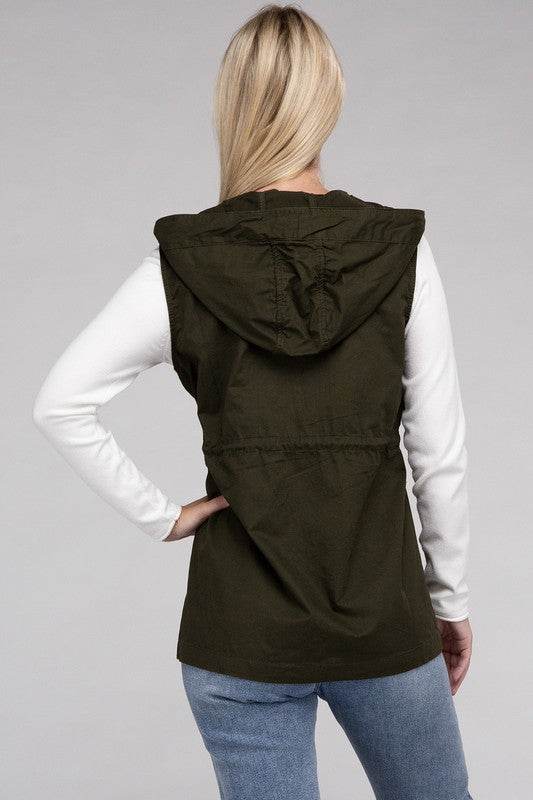 Zenana Drawstring Waist Sleeveless Military Hoodie Vest - Rosa Apparel