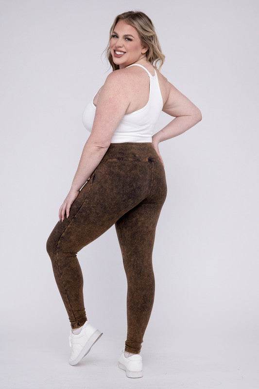 Zenana Plus Mineral Washed Wide Waistband Yoga Leggings - Rosa Apparel