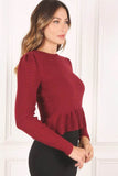 Lilou Peplum Round Neck Long Sleeves Strech Sweater Top - Rosa Apparel