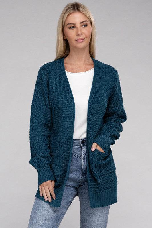 Zenana Low Gauge Waffle Open Cardigan Sweater - Rosa Apparel