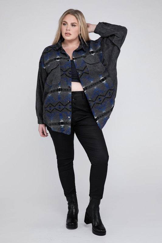 Davi & Dani Plus Printed Button Down Long Sleeve Jacket - Rosa Apparel