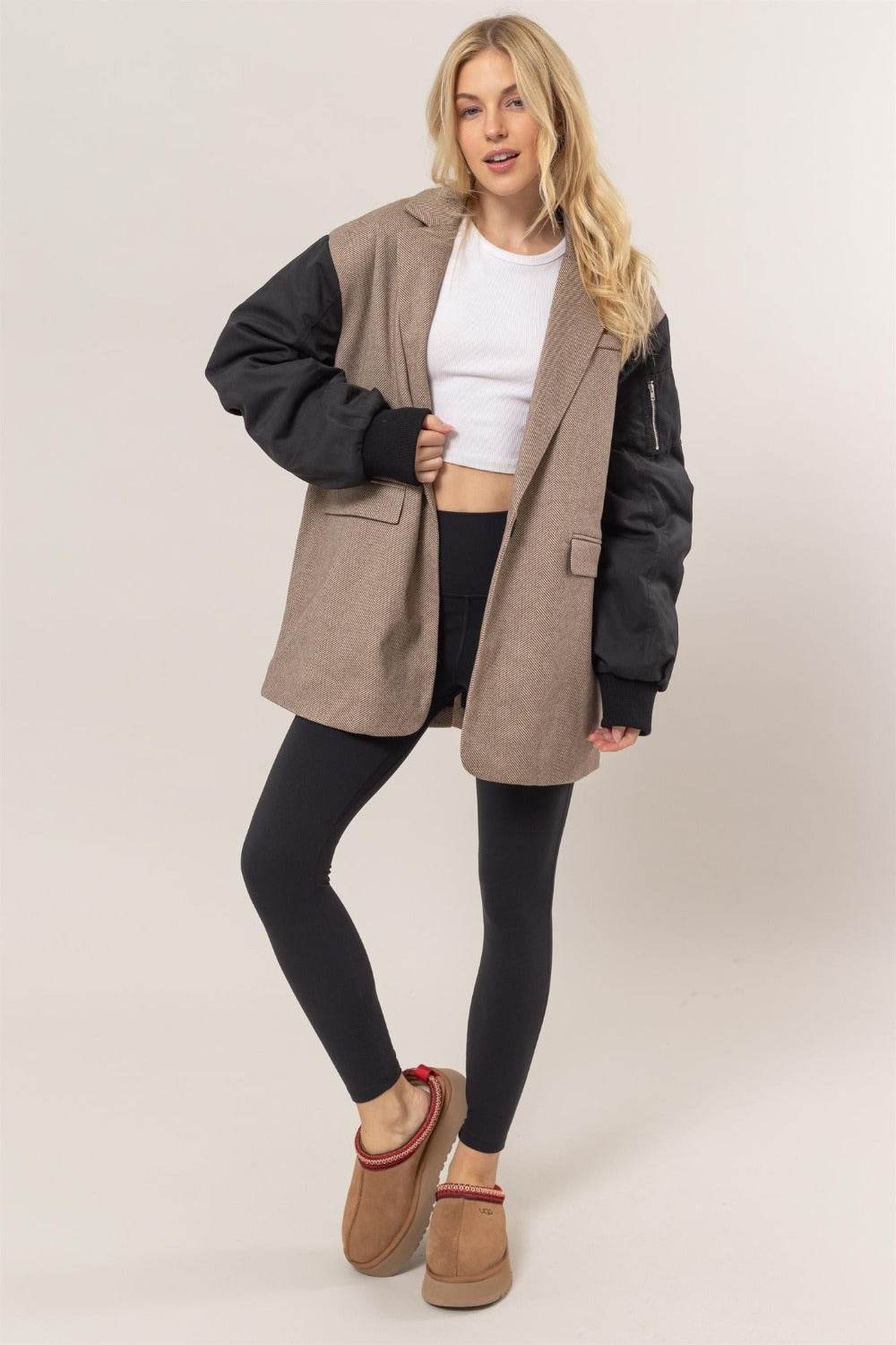 HYFVE Herringbone Mixed Media Contrast Long Sleeve Blazer - Rosa Apparel