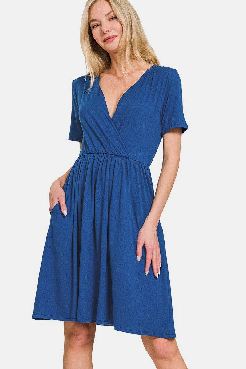Zenana Surplice Short Sleeve Brushed DTY Dress - Rosa Apparel