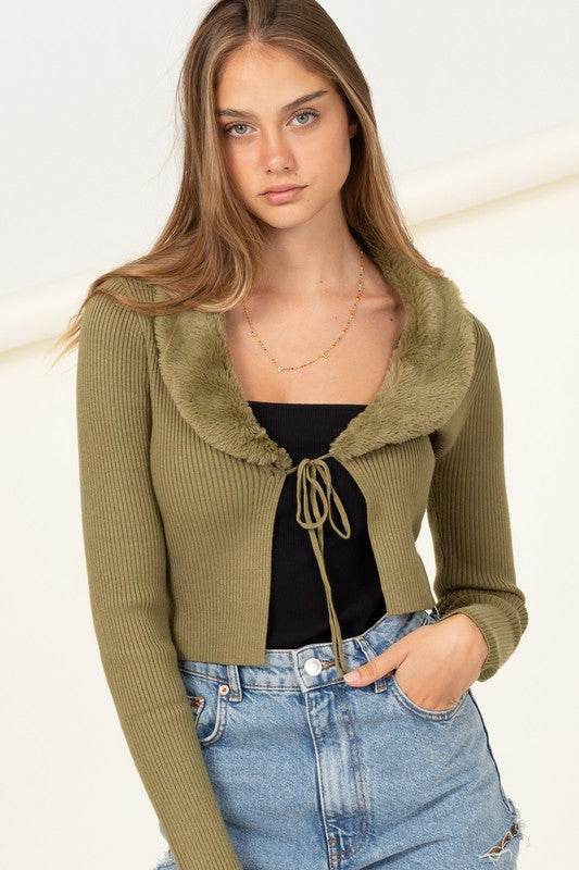 HYFVE Miss Mesmerize Fur Trim Tie Front Ribbed Cardigan - Rosa Apparel