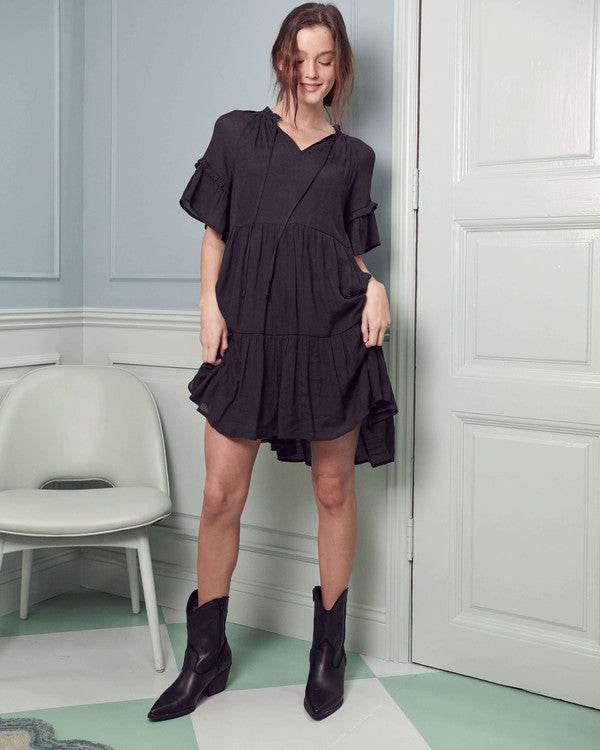 Jade By Jane Ruffled V-Neck Short Sleeves Tiered Mini Dress JBJ1054A - Rosa Apparel