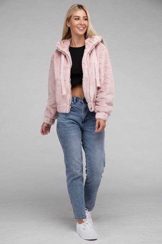 Ambiance Fluffy Zip-Up Teddy Sweater Hoodie - Rosa Apparel