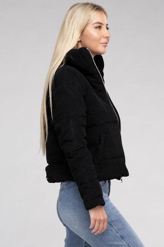 Ambiance Cozy Corduroy Zip-Up High Collar Jacket - Rosa Apparel
