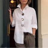 Stand-Up Collar Metal Button Long Sleeve Shirt – Women’s Loose Fit