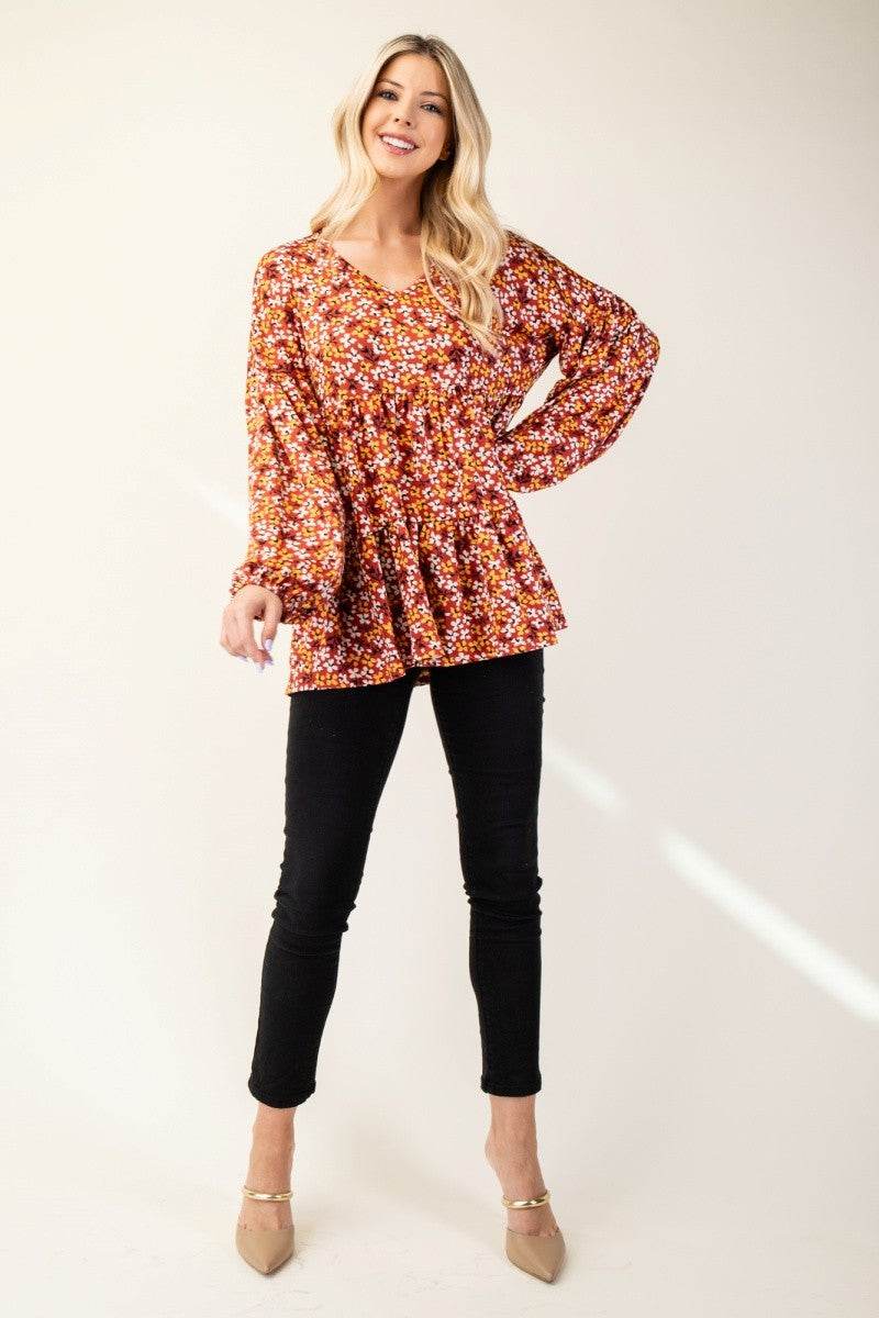 Celeste Full Size Floral V-Neck Balloon Sleeve Blouse - Rosa Apparel