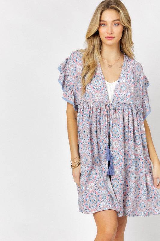 Davi & Dani Printed Short Sleeve Ruffle Kimono - Rosa Apparel