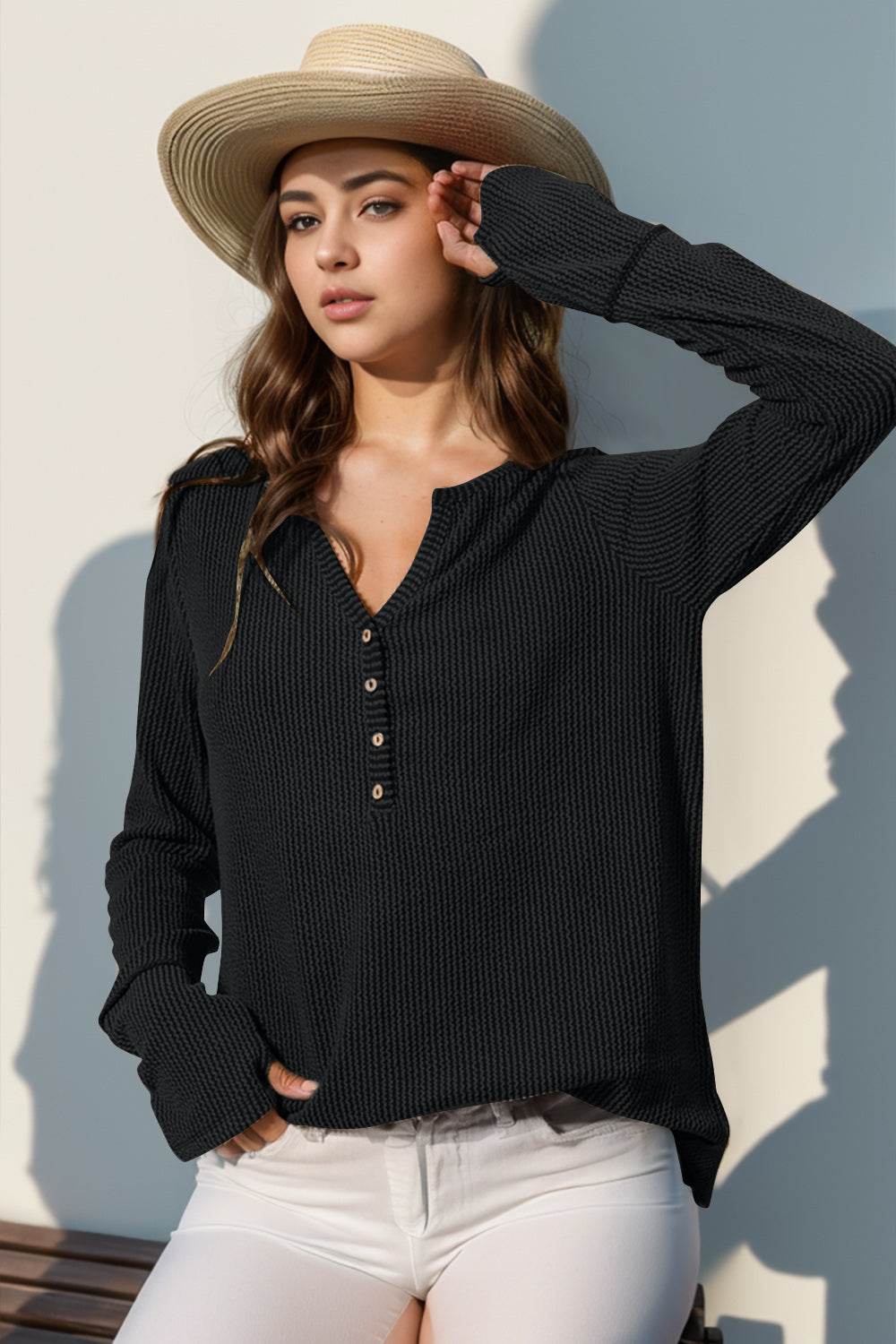Double Take Full Size Notched Thumbhole Long Sleeve T-Shirt - Rosa Apparel