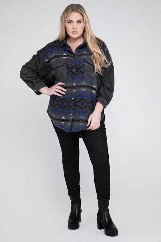 Davi & Dani Plus Printed Button Down Long Sleeve Jacket - Rosa Apparel