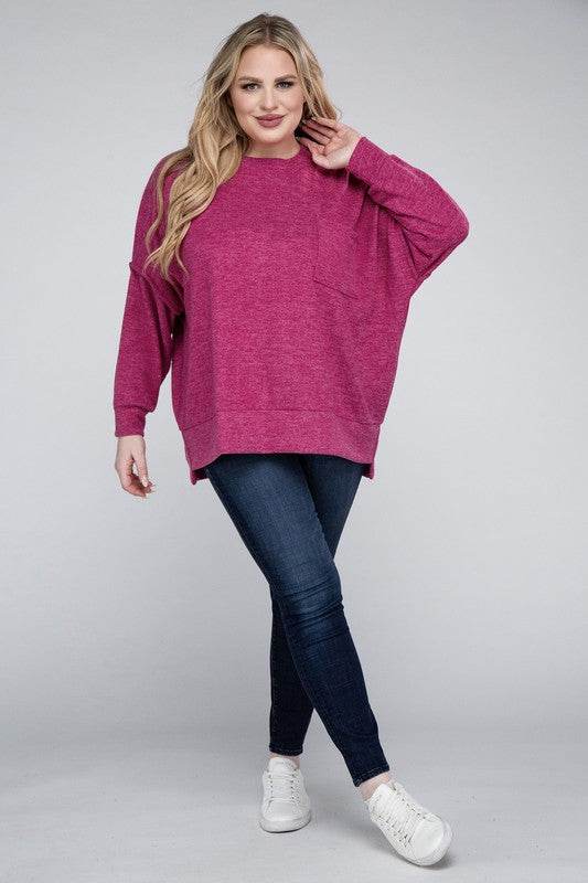 Zenana Plus Brushed Melange Drop Shoulder Sweater - Rosa Apparel