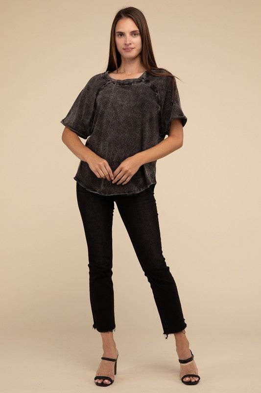 Zenana Back Patch Crinkle Washed Raglan Sleeve T-Shirt - Rosa Apparel