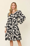 Double Take Full Size Printed Ruffle Hem Long Sleeve Midi Dress - Rosa Apparel