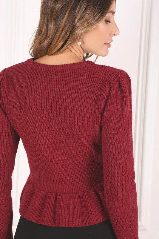 Lilou Peplum Round Neck Long Sleeves Strech Sweater Top - Rosa Apparel