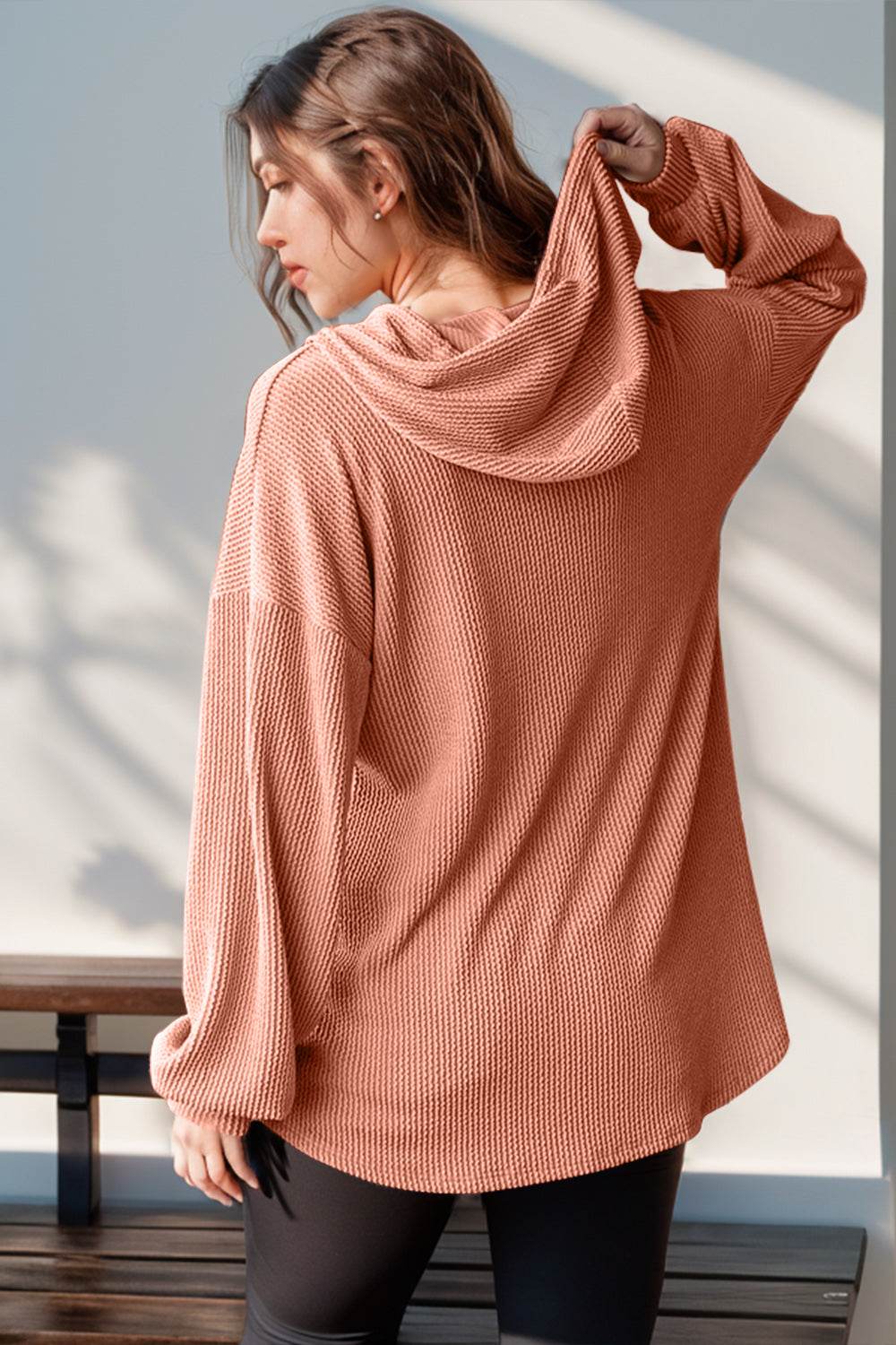 Double Take Full Size Half Button Long Sleeve Hoodie - Rosa Apparel