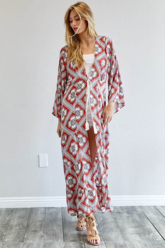 Davi & Dani Printed Long Sleeve Loose Kimono - Rosa Apparel
