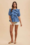 Annie Wear Stripe Front Bow Denim Peplum Blouse - Rosa Apparel