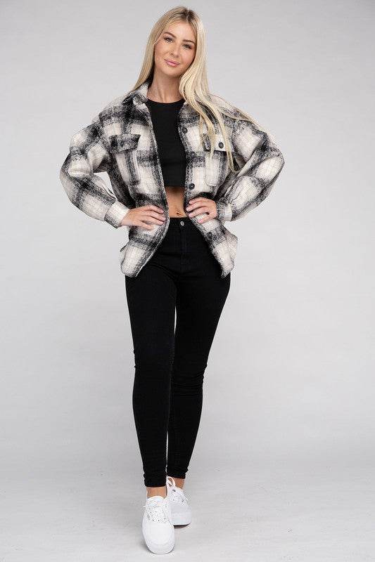Ambiance Cozy Plaid Flannel Regular Fit Collar Shacket - Rosa Apparel
