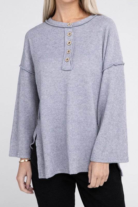 Zenana Ribbed Brushed Melange Hacci Henley Sweater - Rosa Apparel