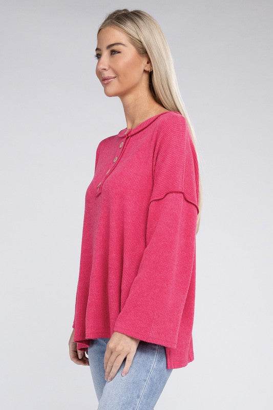 Zenana Ribbed Brushed Melange Hacci Henley Sweater - Rosa Apparel