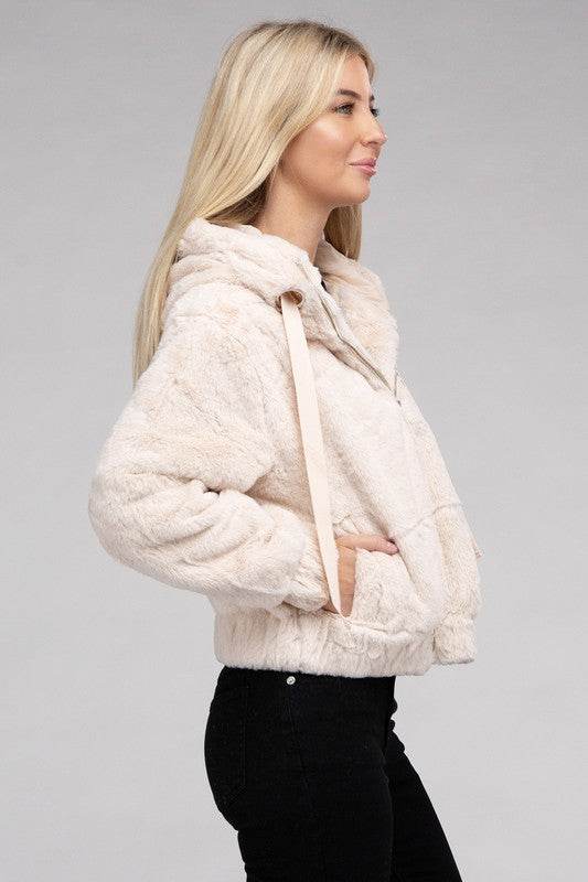 Ambiance Fluffy Zip-Up Teddy Sweater Hoodie - Rosa Apparel