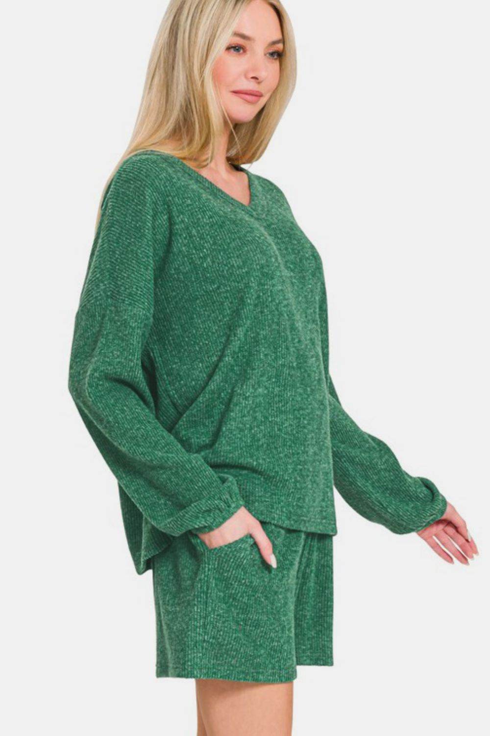Zenana V-Neck Long Sleeve Ribbed Top and Shorts Set - Rosa Apparel