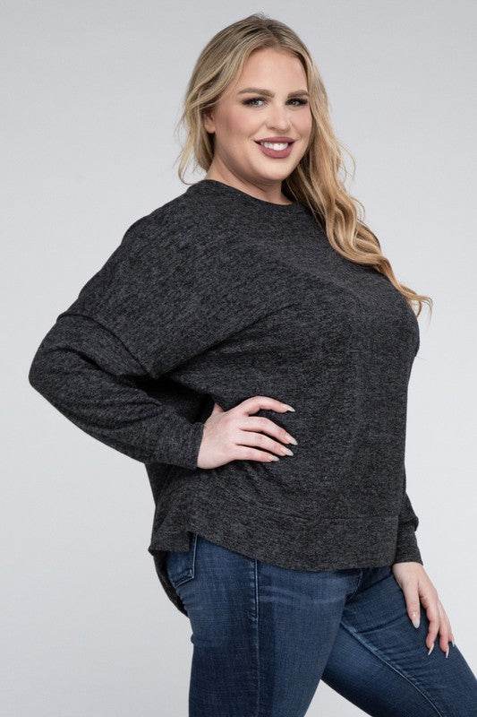 Zenana Plus Brushed Melange Drop Shoulder Sweater - Rosa Apparel