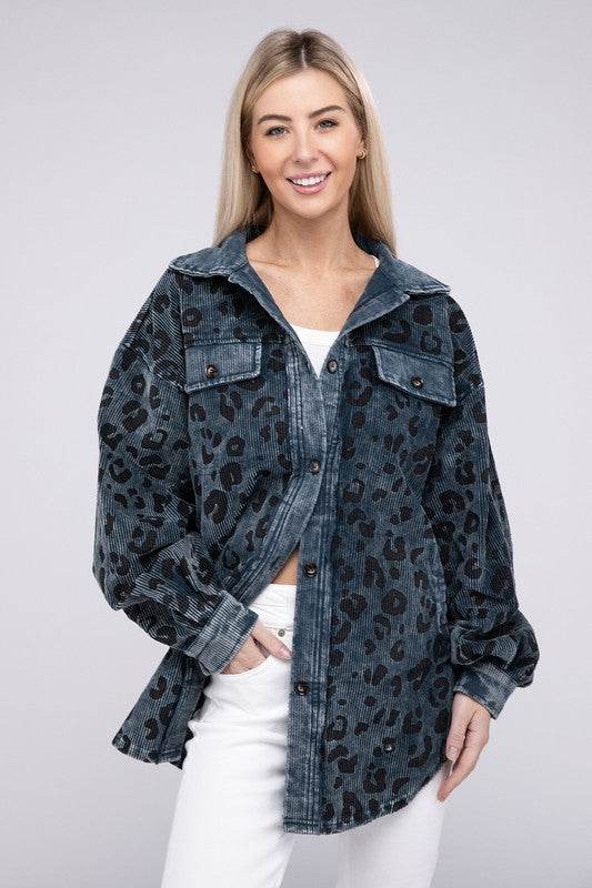 BiBi Vintage Washed Leopard Corduroy Buttoned Jacket - Rosa Apparel