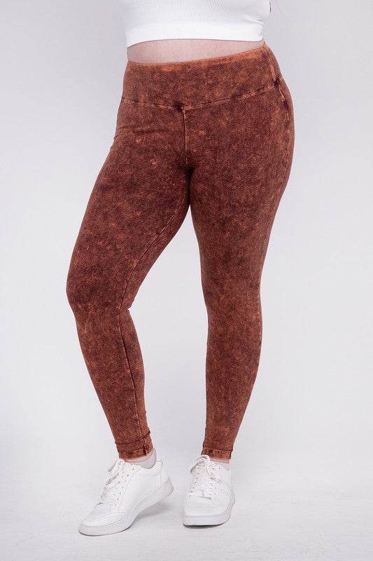 Zenana Plus Mineral Washed Wide Waistband Yoga Leggings - Rosa Apparel