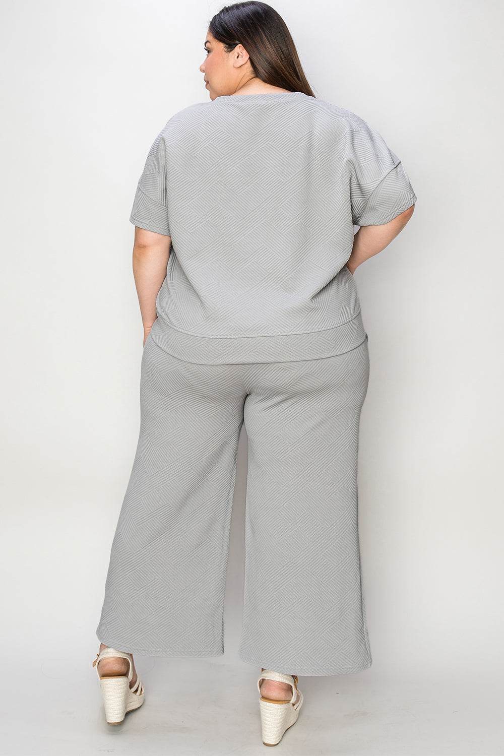 Double Take Full Size Texture Short Sleeve Top and Pants Set - Rosa Apparel