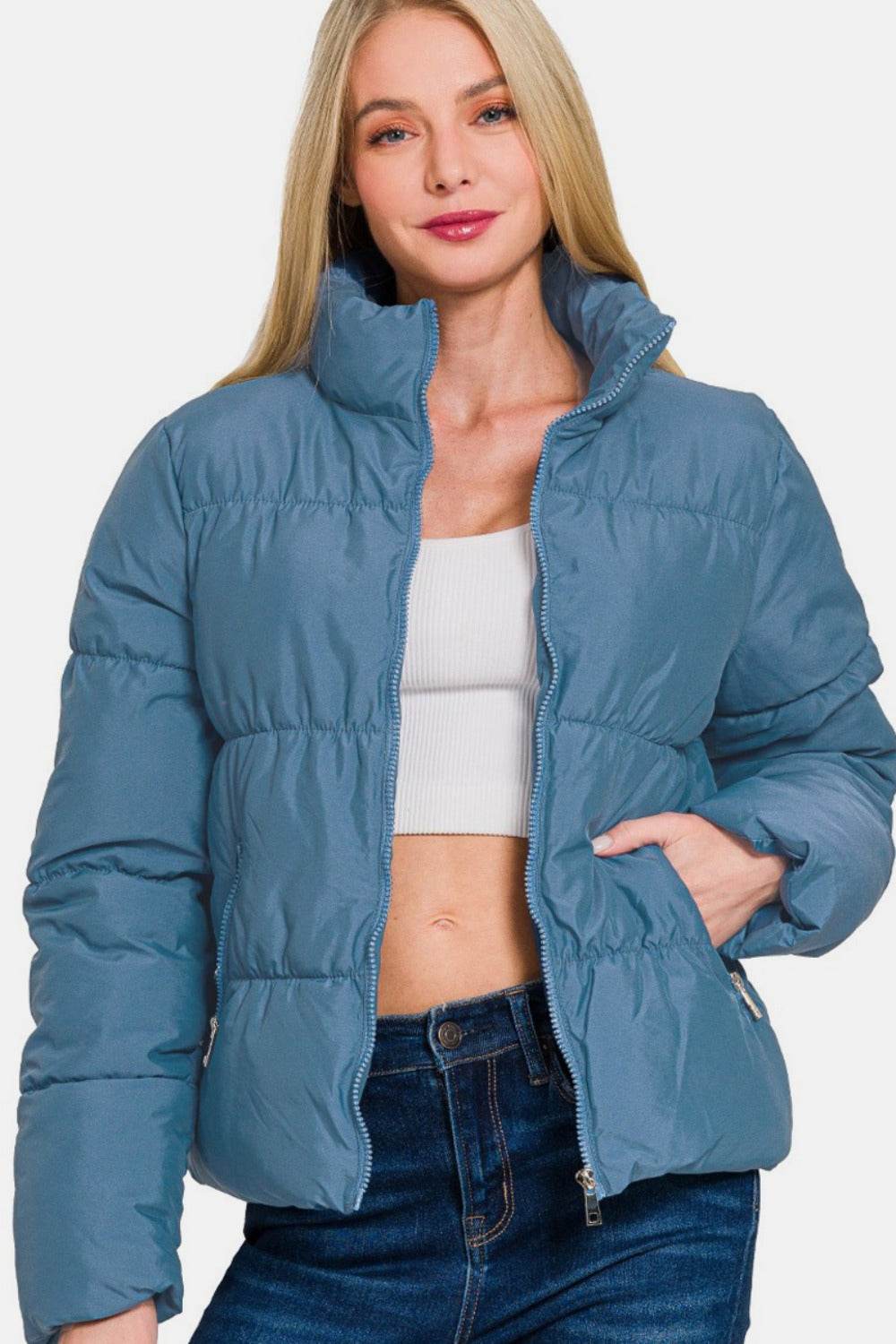 Zenana Zip Up Turtleneck Puffer Jacket with Pockets - Rosa Apparel