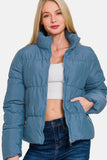 Zenana Zip Up Turtleneck Puffer Jacket with Pockets - Rosa Apparel