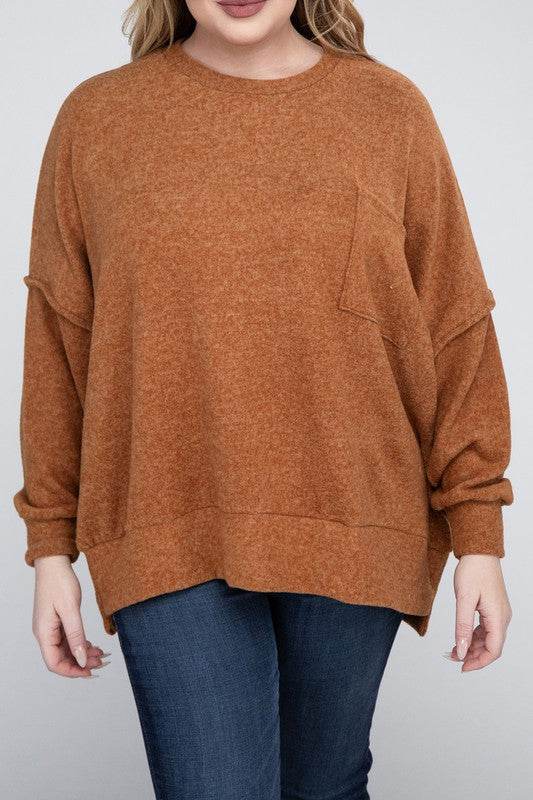 Zenana Plus Brushed Melange Drop Shoulder Sweater - Rosa Apparel