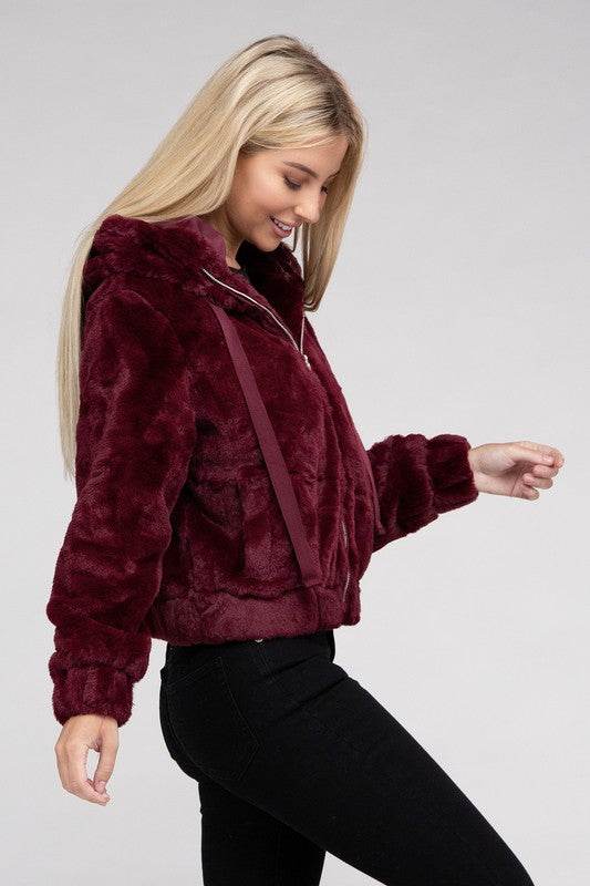 Ambiance Fluffy Zip-Up Teddy Sweater Hoodie - Rosa Apparel