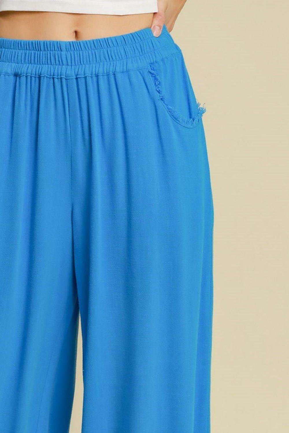 Umgee Full Size Linen Blend Elastic Waistband Wide Leg Pants Plus Size - Rosa Apparel