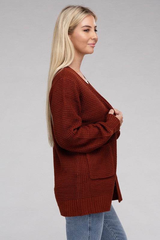 Zenana Low Gauge Waffle Open Cardigan Sweater - Rosa Apparel