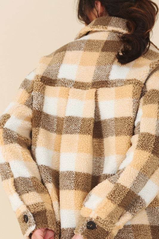 Lilou Plaid Sherpa Shirt Collar Jacket With Pockets - Rosa Apparel