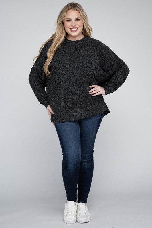 Zenana Plus Brushed Melange Drop Shoulder Sweater - Rosa Apparel