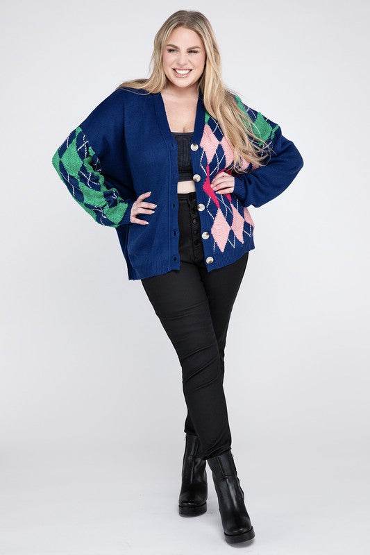 Davi & Dani Plus V-Neck Button Front Long Sleeves Cardigan - Rosa Apparel