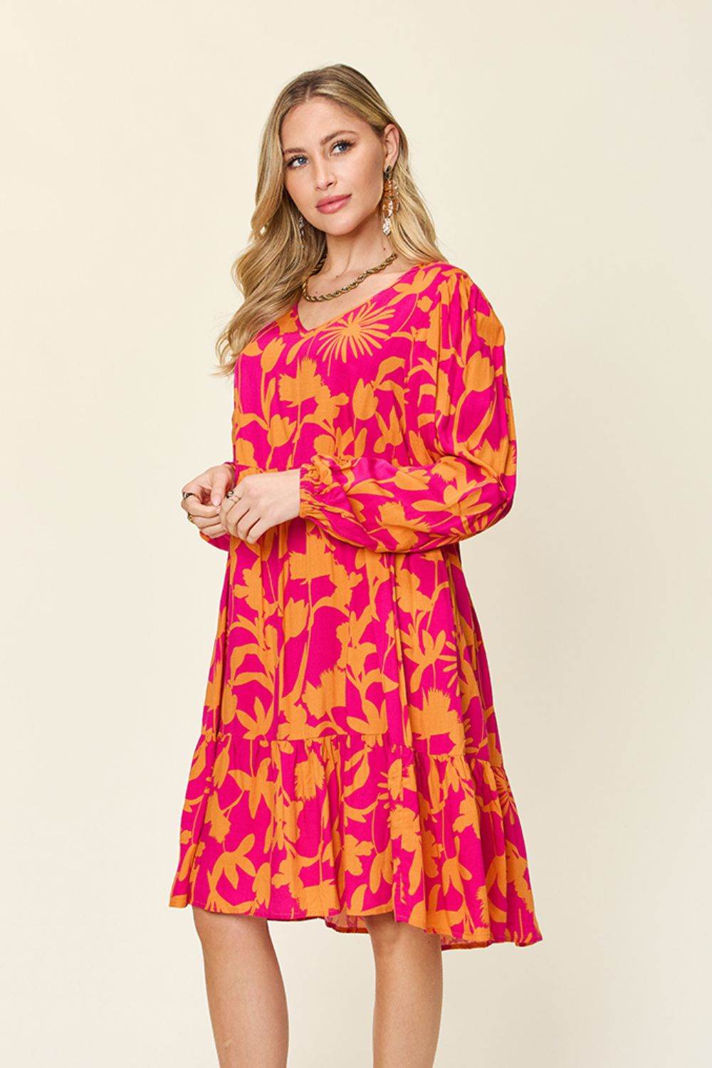 Double Take Full Size Printed Ruffle Hem Long Sleeve Midi Dress - Rosa Apparel