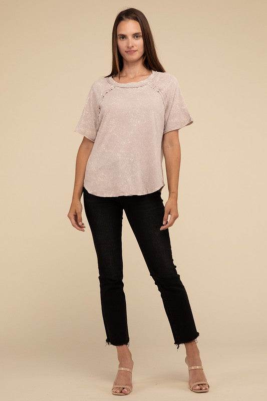 Zenana Back Patch Crinkle Washed Raglan Sleeve T-Shirt - Rosa Apparel